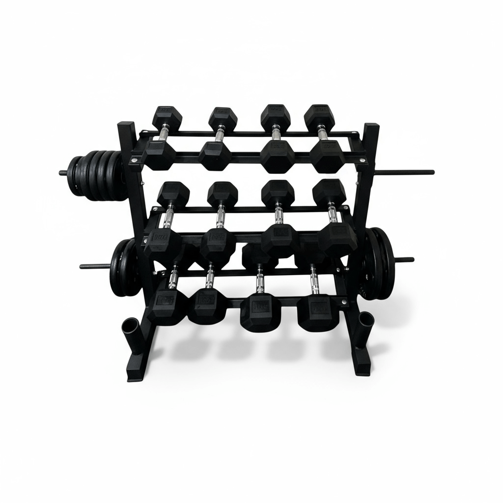 Dumbbell Racks (5 - 20kg) with Bar and Plate Holders - Strength Supply