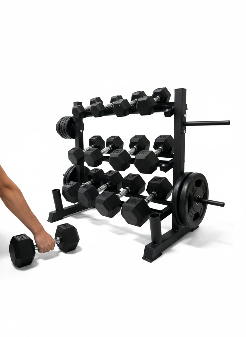 Dumbbell Racks (5 - 20kg) with Bar and Plate Holders - Strength Supply